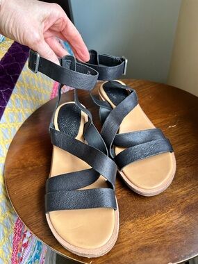 Kork-Ease Black Leather Block Heel Sandals - Boho Retro Strappy Heel - Sz 7